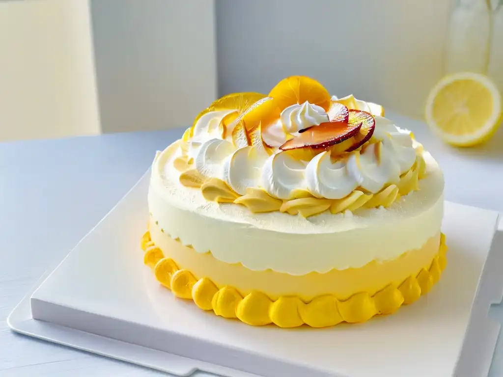 Tarta de limón y merengue con capas de relleno de limón y picos dorados de merengue, en un elegante plato blanco en una cocina soleada