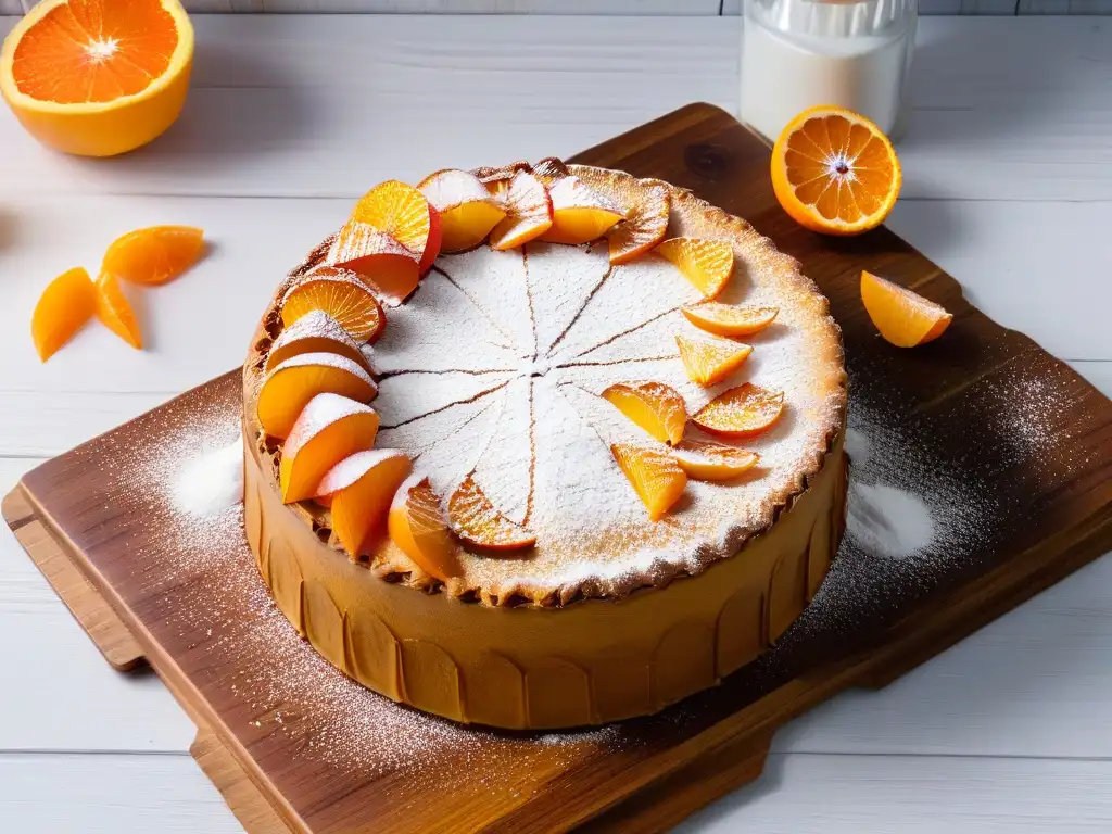 Una Tarta de Santiago dorada reposa en una mesa rústica, decorada con azúcar y rodeada de naranjas y almendras