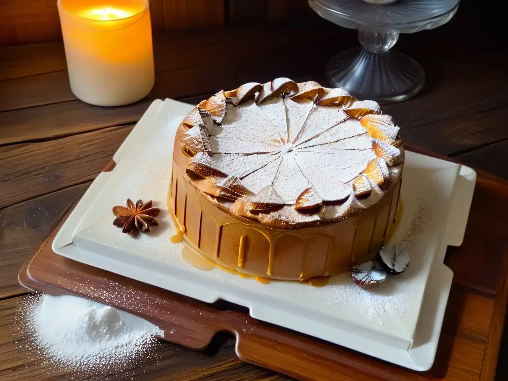 Una Tarta de Santiago en una mesa rústica con polvo de azúcar y almendras