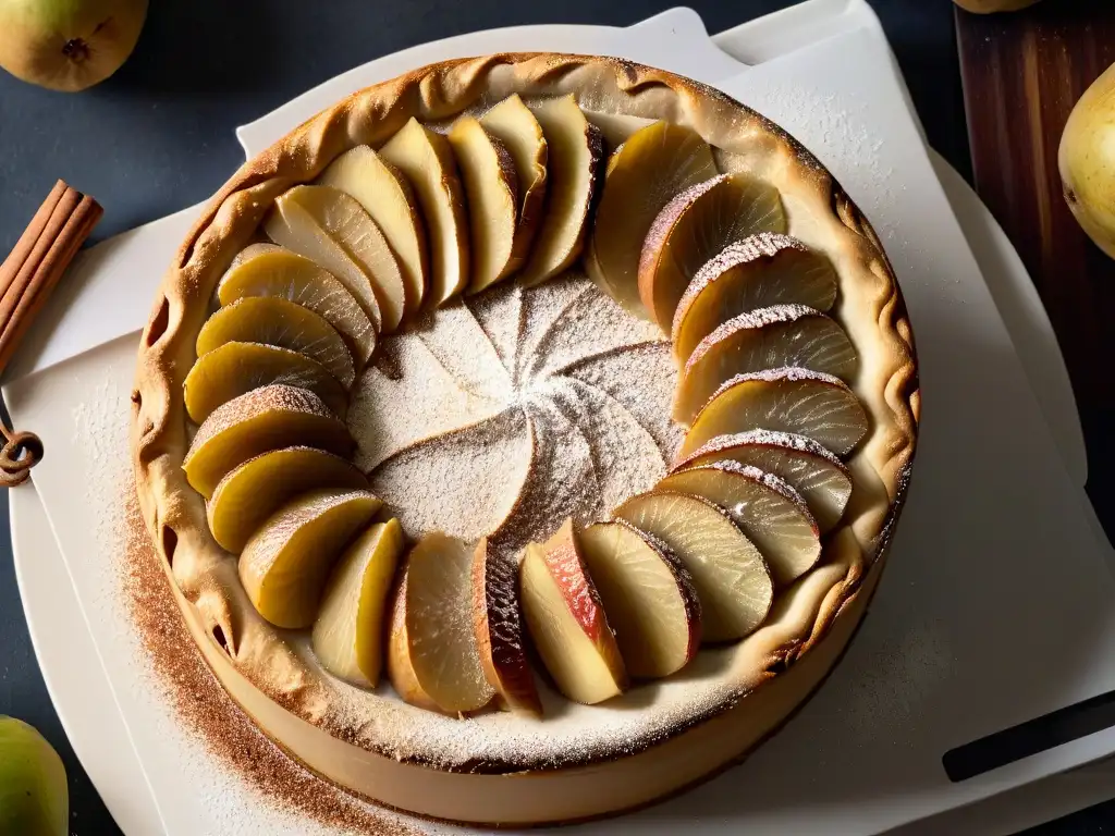 Una tarta de pera con especias recién horneada, con capas de peras finamente cortadas en un patrón circular sobre una masa dorada y escamosa