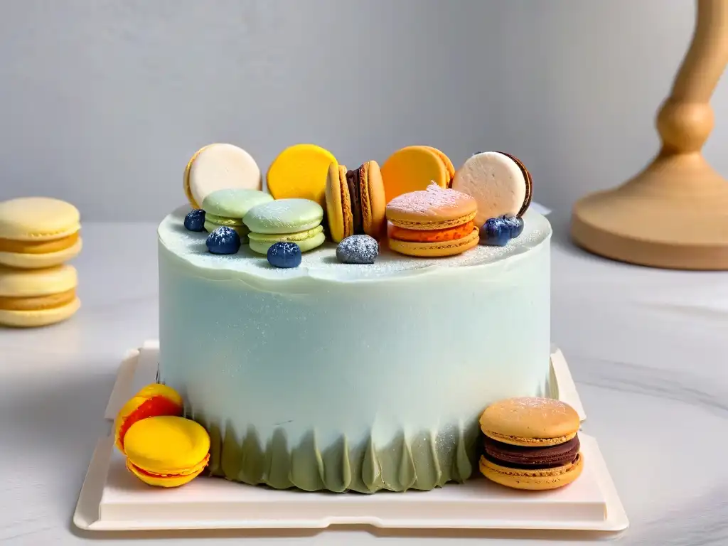 Tarta de tres pisos con repostería internacional tendencias en talleres, macarons, mochi, cannoli y conchas coloridas