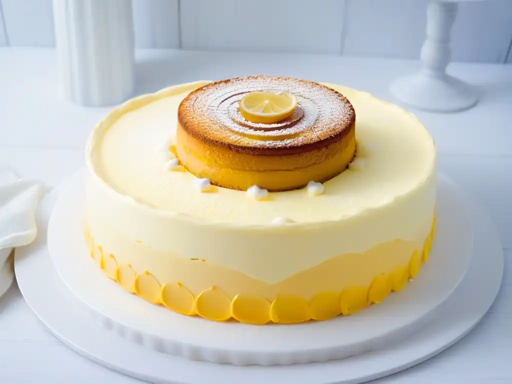 Tarta de queso limón gourmet con base de galleta de jengibre, horneada a la perfección en un plato blanco elegante