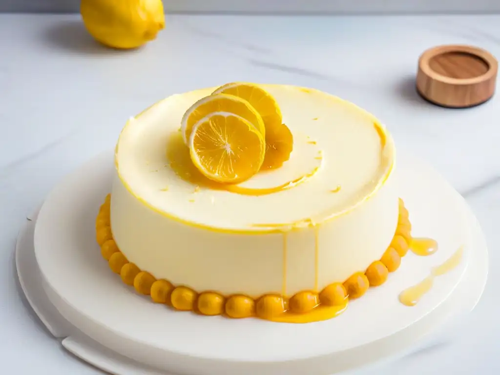 Tarta de queso limón gourmet: deliciosa tarta con limón y miel, presentada de forma elegante sobre plato de mármol