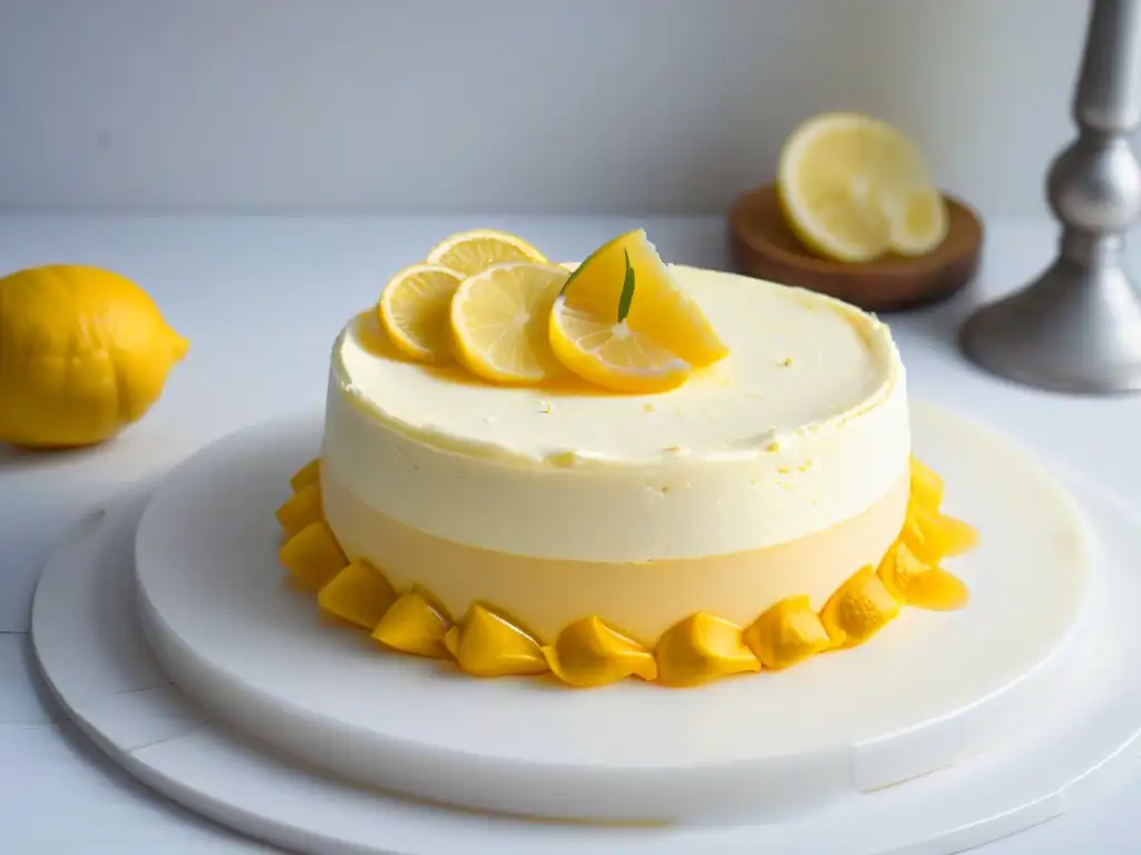 Tarta de queso limón gourmet: rebanada perfecta sobre plato blanco en elegante encimera de mármol