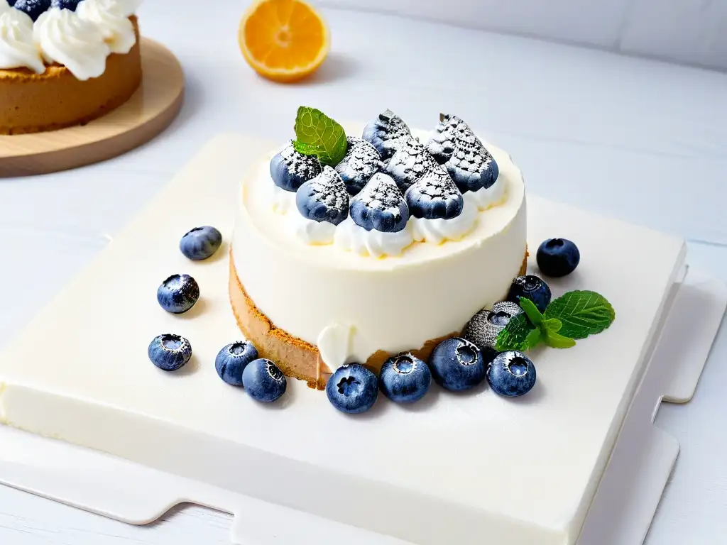 Tarta de queso saludable con crema batida, arándanos frescos y hojas de menta en plato de mármol blanco