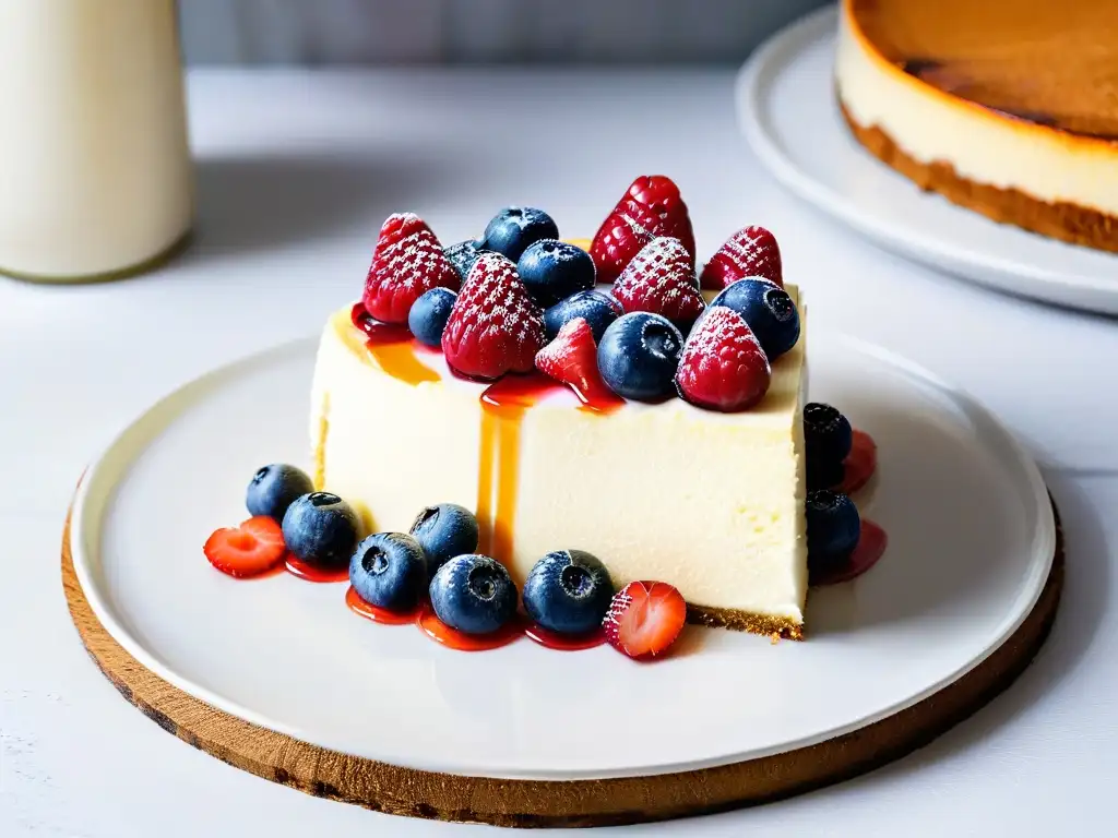 Una tarta de queso saludable con bayas frescas y un glaseado brillante, en un entorno elegante y moderno