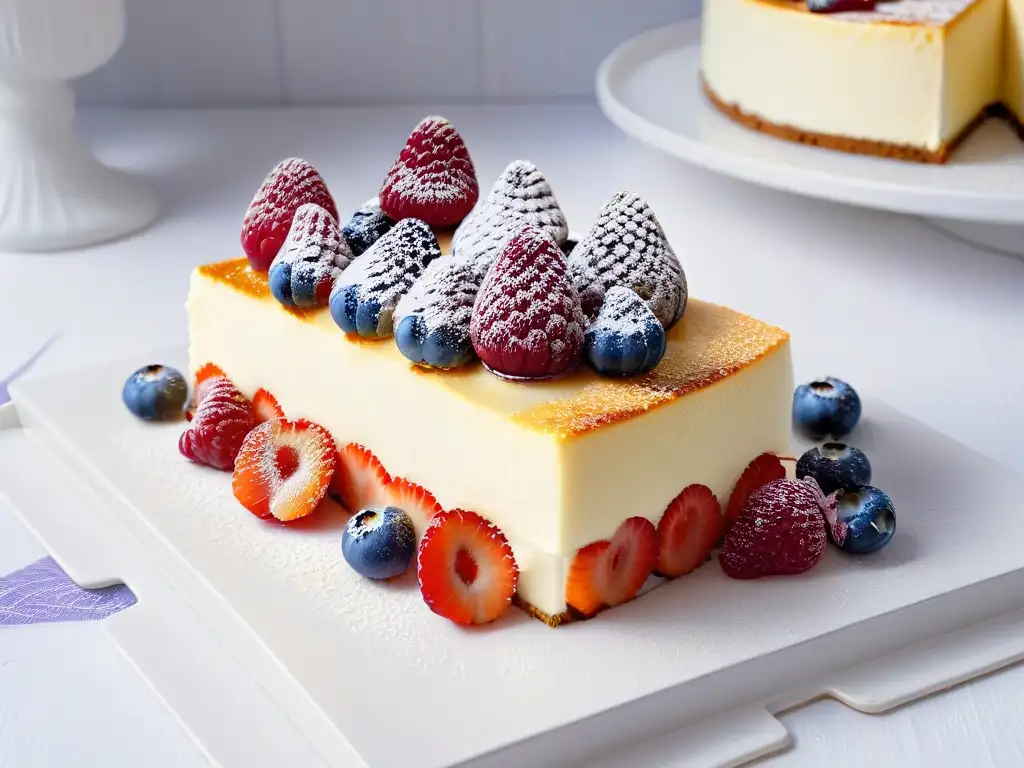 Tarta de queso saludable con frutas frescas y miel, en elegante plato de cerámica