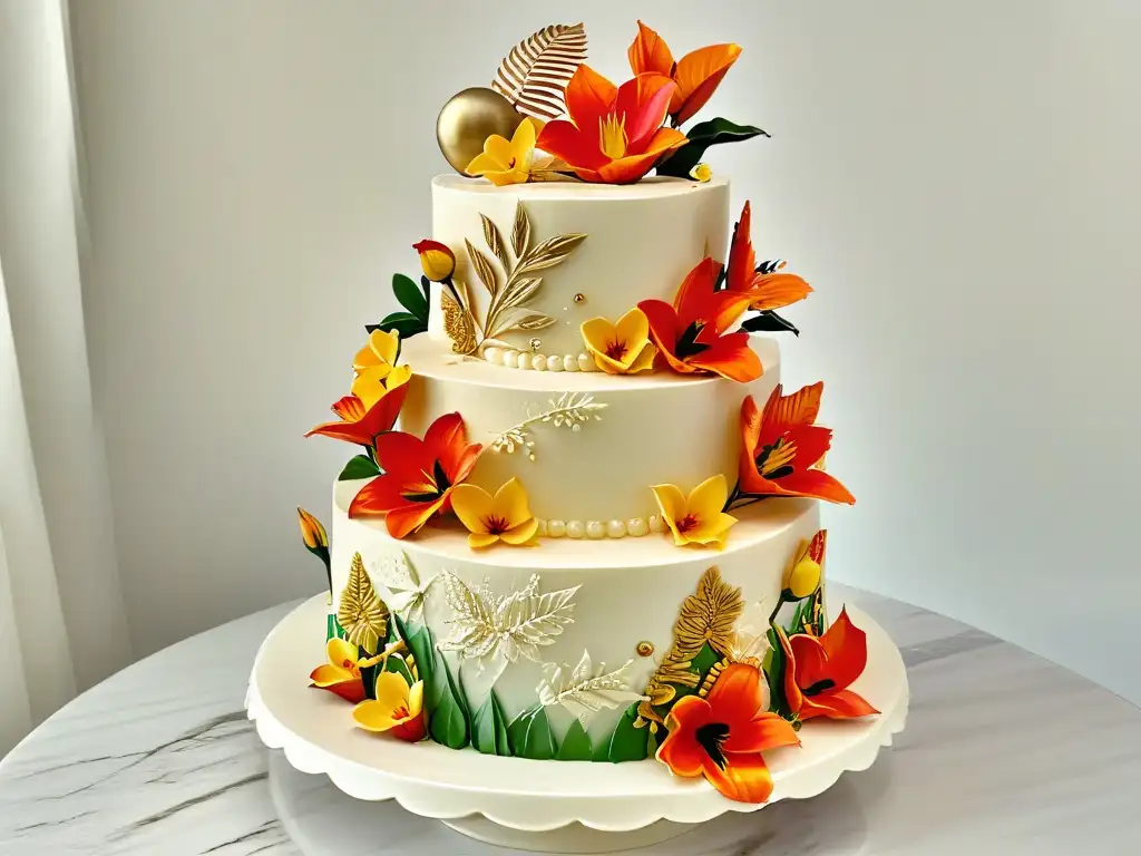 Una tarta temática decorada con creatividad y técnica: detalladas flores tropicales, encajes delicados y toques dorados brillantes