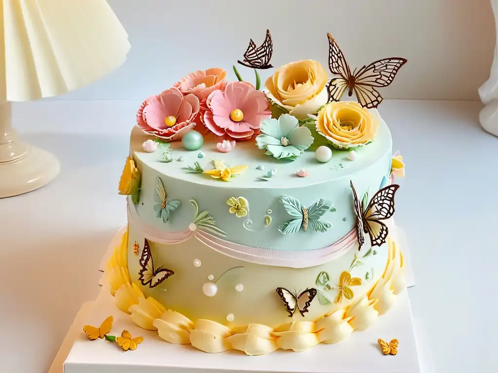 Tarta temática con decoración floral detallada y mariposas de azúcar en tonos pastel, resaltando la creatividad y técnica