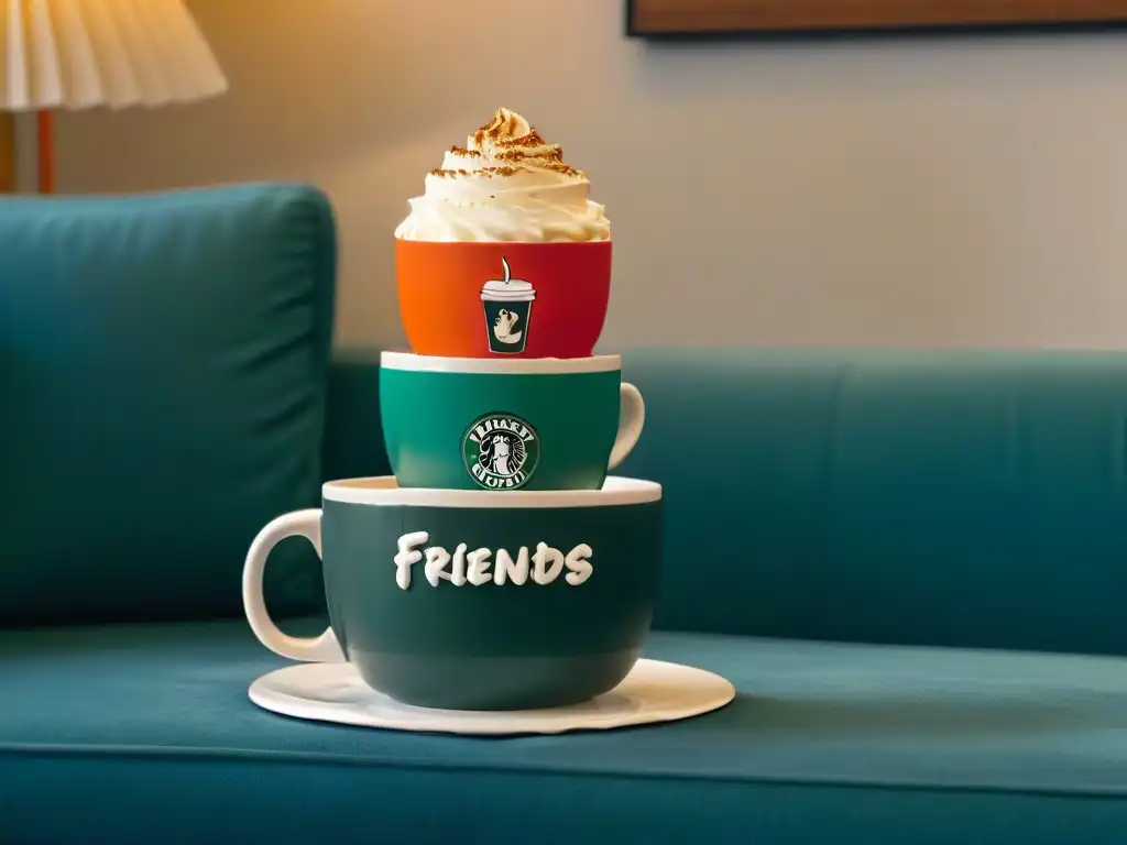 Una taza de café rodeada de elementos icónicos de Friends, como el logo de Central Perk y el sofá, en una paleta cálida y acogedora