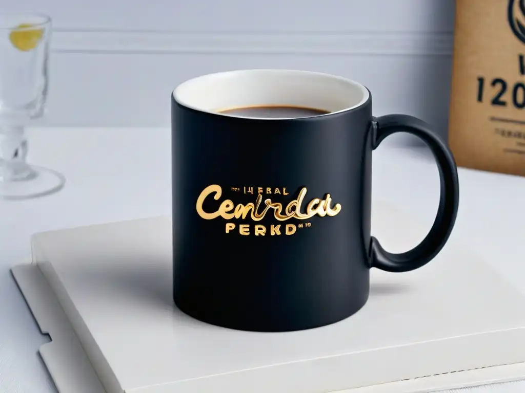 Taza negra elegante con logo de Central Perk en oro, en fondo blanco