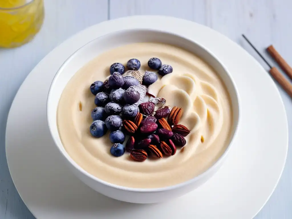 Un tazón blanco de arroz con leche, espolvoreado con canela y una pasa, sobre una mesa de madera