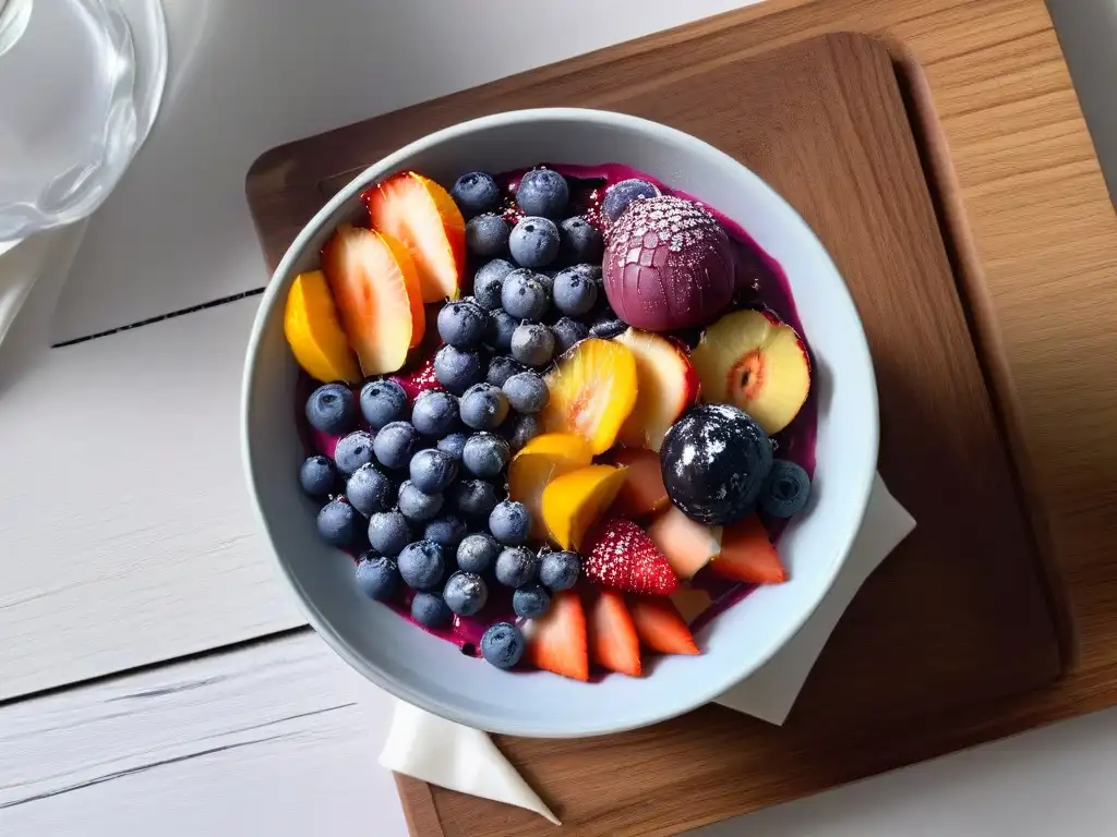 Un tazón vibrante de açaí con frutas frescas, nueces y semillas sobre fondo blanco