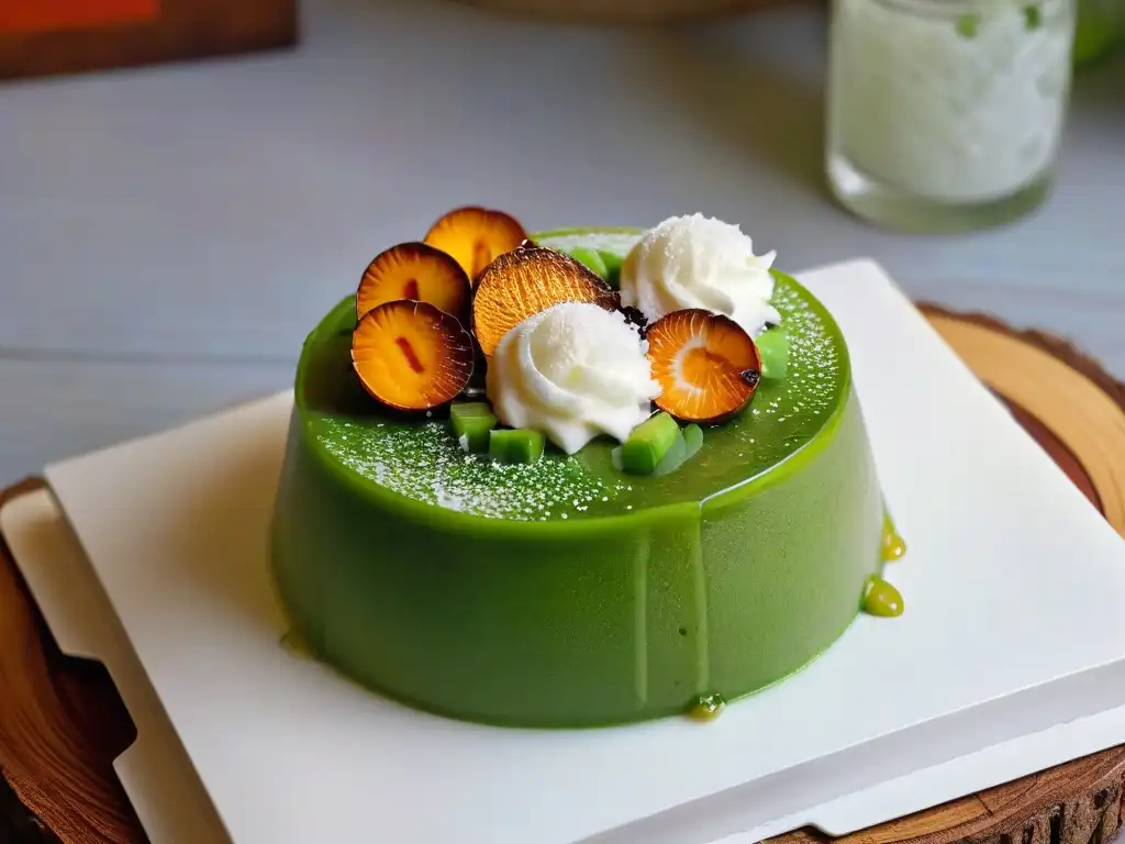 Un tazón de vidrio lleno de postre helado Cendol receta, decorado con leche de coco y jarabe de azúcar de palma, sobre una mesa de madera rústica