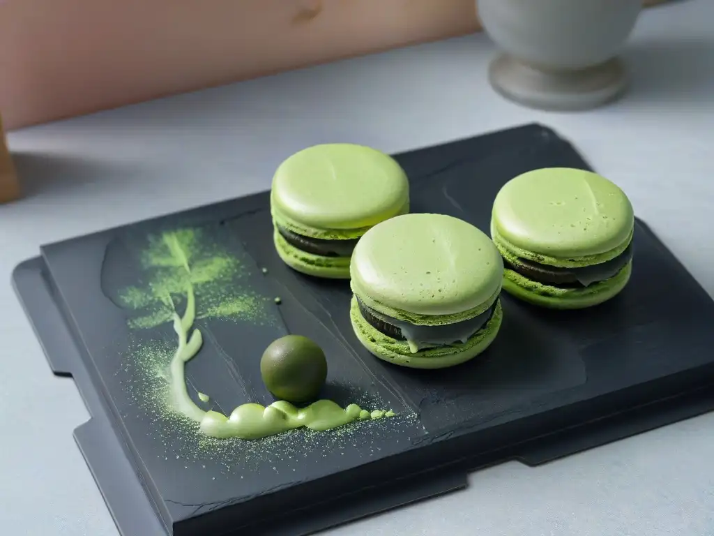 Macaron de té matcha y wasabi en plato moderno con fondo difuso de Tokio y París