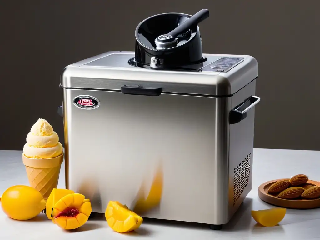 Técnicas elaboración helados sorbetes: Máquina acero inoxidable haciendo sorbete mango cremoso bajo luz suave