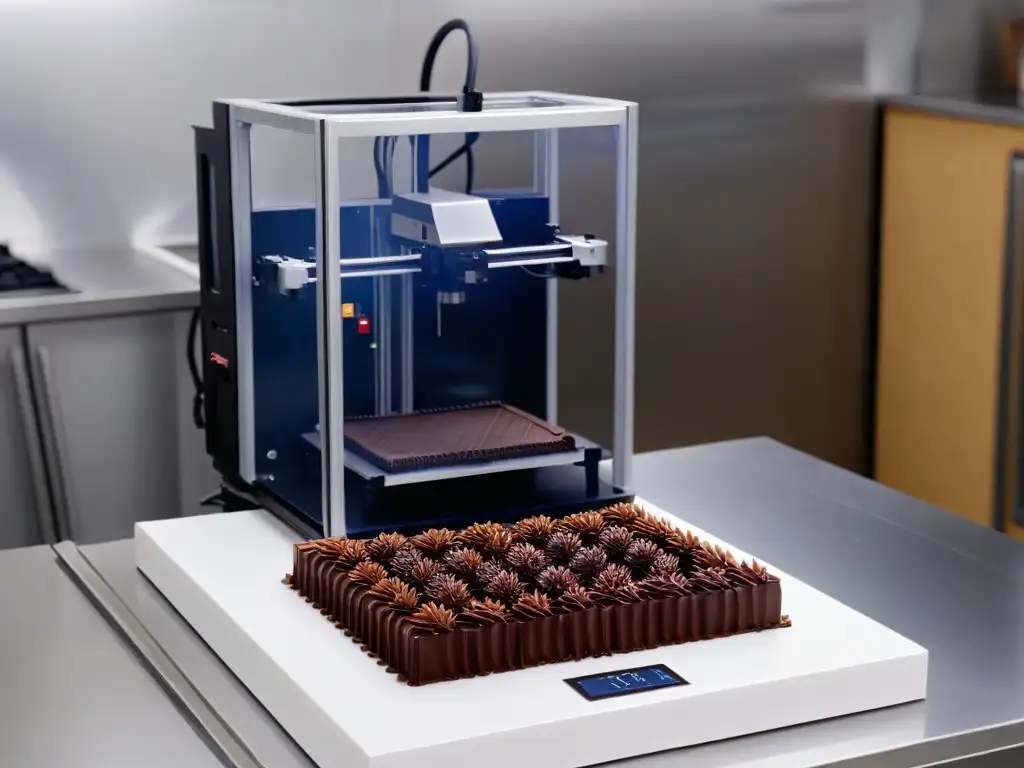 Esculturas de chocolate de alta tecnología: impresión en acción Técnicas de impresión de chocolate 3D en acción en una cocina futurista