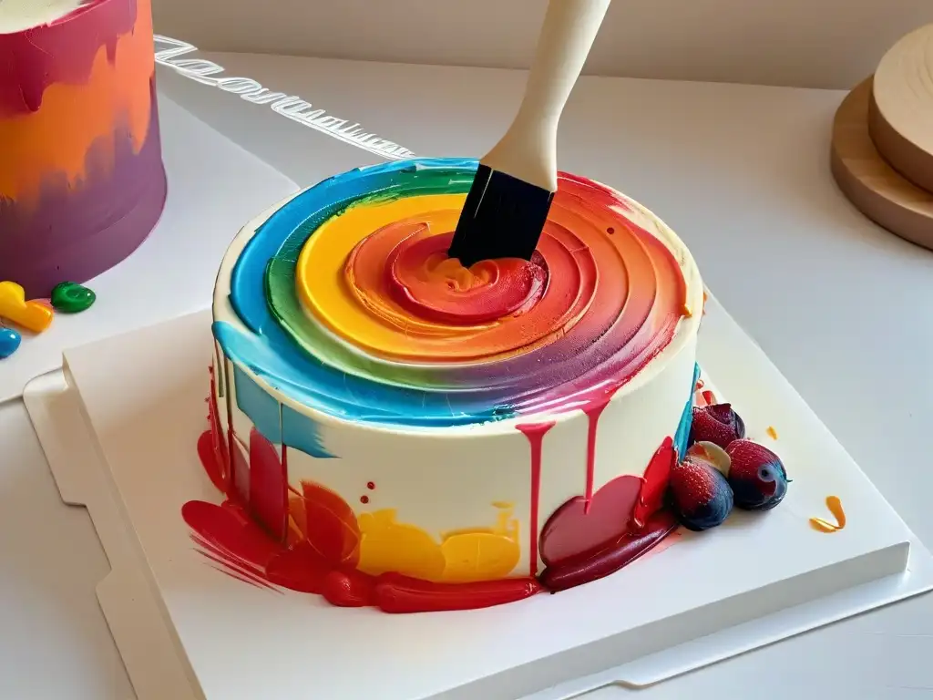 Técnicas de pincelada decorando una tarta con pintura comestible vibrante y detallada