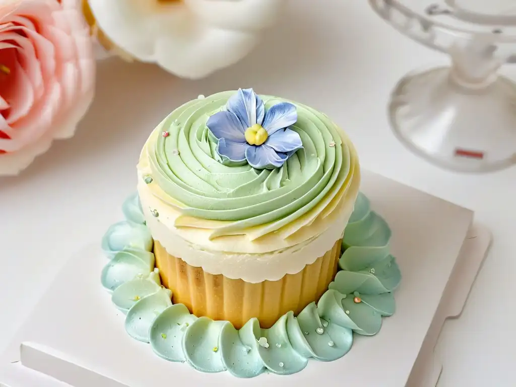 Aprende técnicas de repostería con un detallado cupcake glaseado y decorado con flores de azúcar y chispas brillantes en un fondo blanco