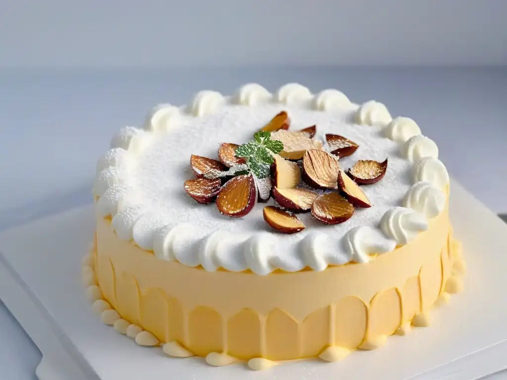 Hareeseh recién horneado: detalle dorado con almendras Tendencia en repostería: Hareeseh almendra recién horneado, con vapor y fondo blanco