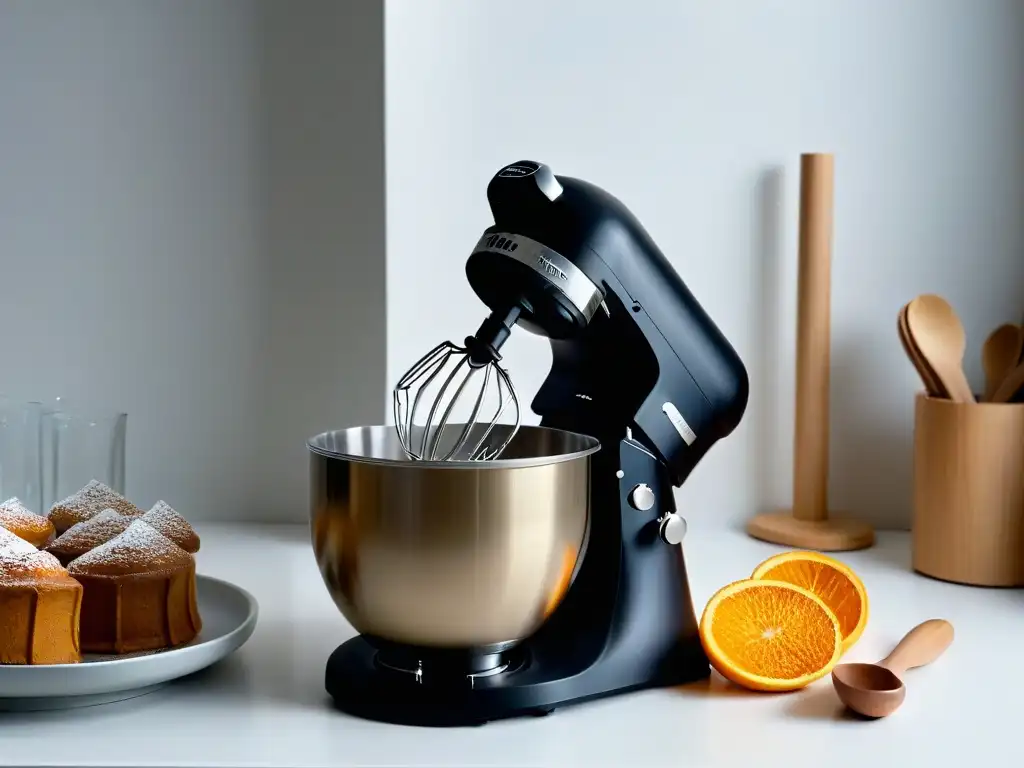 Tendencias equipamiento repostería alta gama: Mixer negro mate con detalles dorados en lujosa cocina iluminada