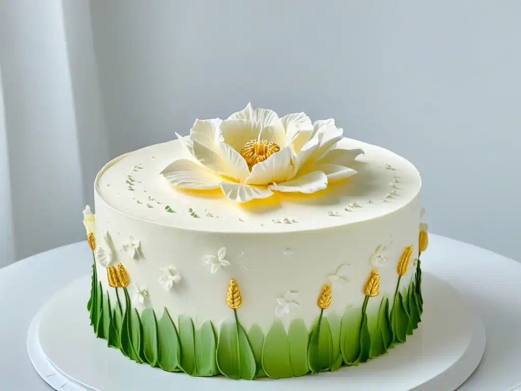 Tarta sin gluten con decoración elegante y flores de azúcar Tendencias globales repostería celiacos 2023: Exquisito pastel sin gluten decorado con flores de azúcar y detalles en hoja de oro