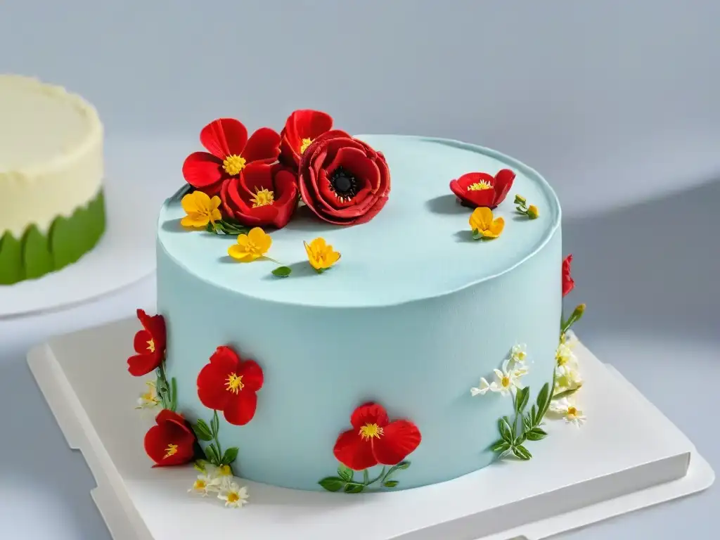 Tendencias globales repostería 2022: exquisitez en pastel de tres niveles con flores comestibles y diseño moderno sobre fondo blanco