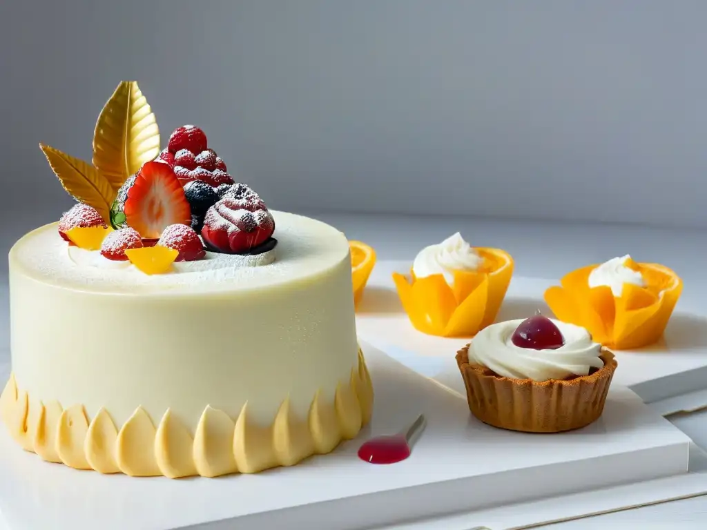 Tendencias globales de repostería keto: Imagen de cocina moderna con variados postres coloridos y detallados en mármol