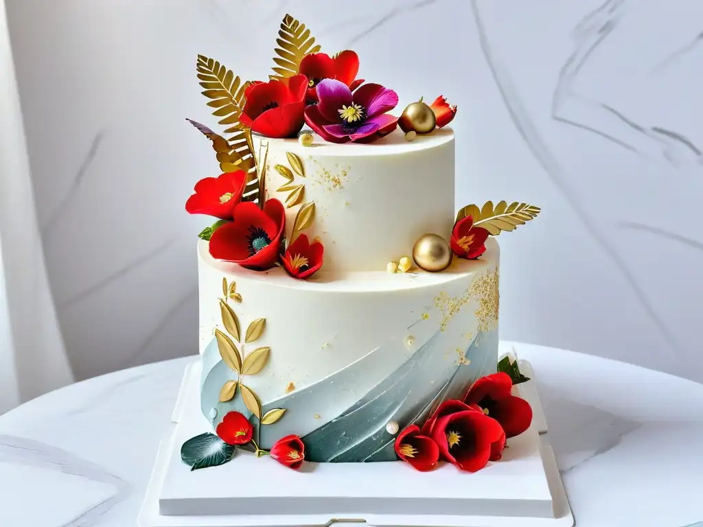 Tendencias pastelería de lujo: Elegante pastel de lujo con detalles de hojas de oro y flores vibrantes sobre mármol