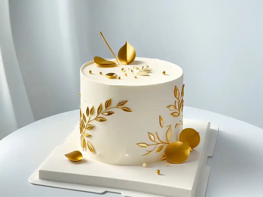 Tendencias de decoración en pasteles para revistas digitales: una elegante tarta blanca con detalles de hoja de oro comestible