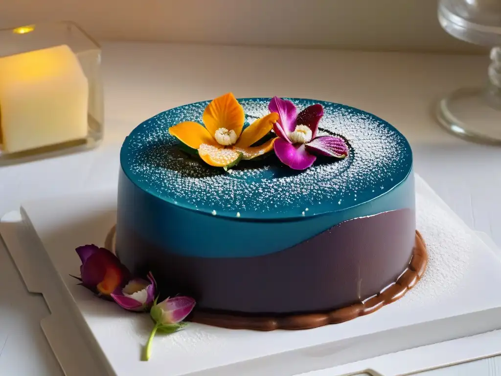 Tendencias postres eventos corporativos 2023: Detalle exquisito y vibrante de un sofisticado postre en plato minimalista