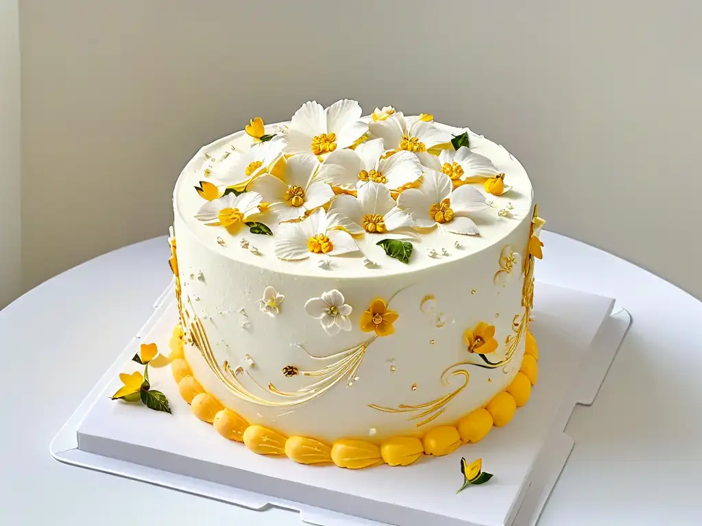 Tendencias en repostería redes sociales: Detalle exquisito de un pastel glaseado con flores comestibles y hojas doradas sobre fondo blanco