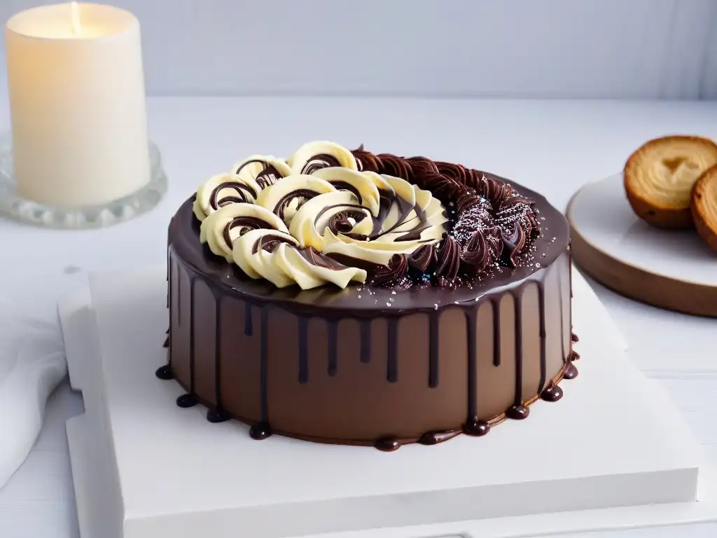 Tendencias Repostería Vegana 2023: Detalle de un exquisito pastel de ganache de chocolate vegano con decoración elegante y cremosa