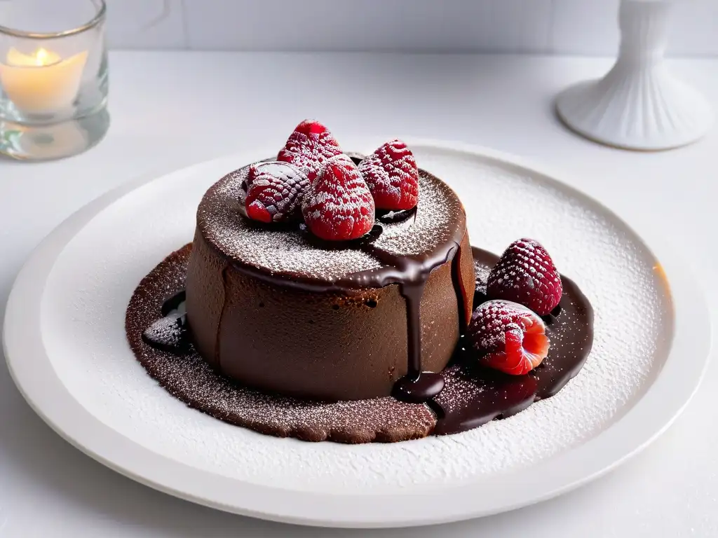 Un tentador lava cake de chocolate, decorado con una frambuesa fresca, en un plato blanco