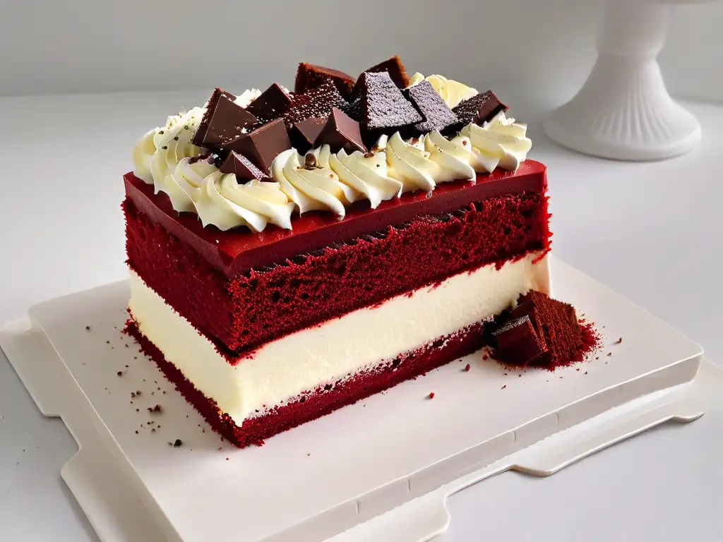 Un tentador y detallado Red Velvet Cake en un plato blanco impecable