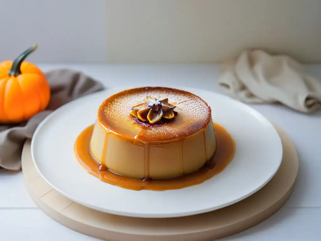 Tentador flan de calabaza cremoso con caramelo dorado, enfoque detallado y textura suave