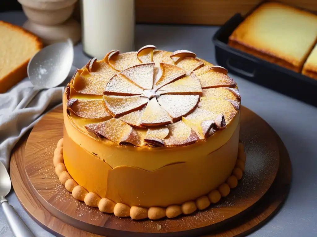 Un tentador basbousa recién horneado con costra dorada y almendras, desprendiendo un aroma delicioso