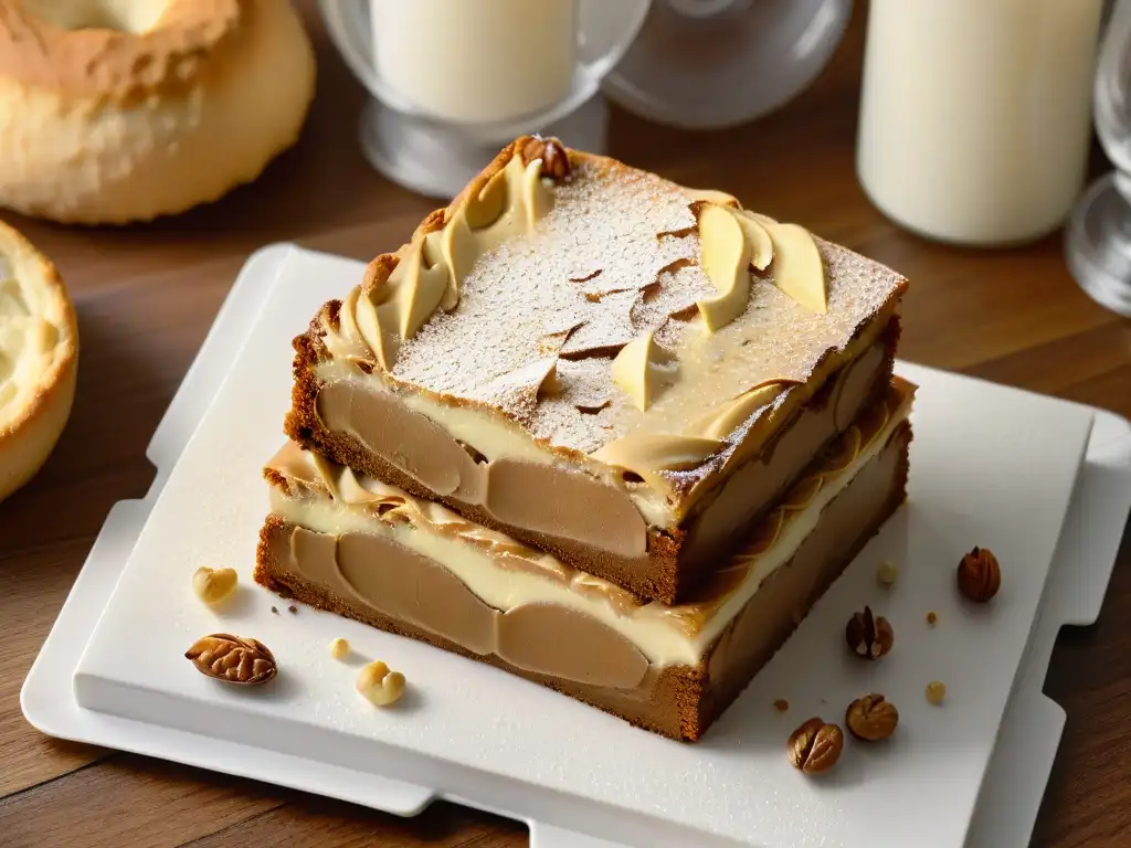 Un tentador blondie recién horneado con trozos de chocolate blanco y nueces, sobre una encimera de mármol