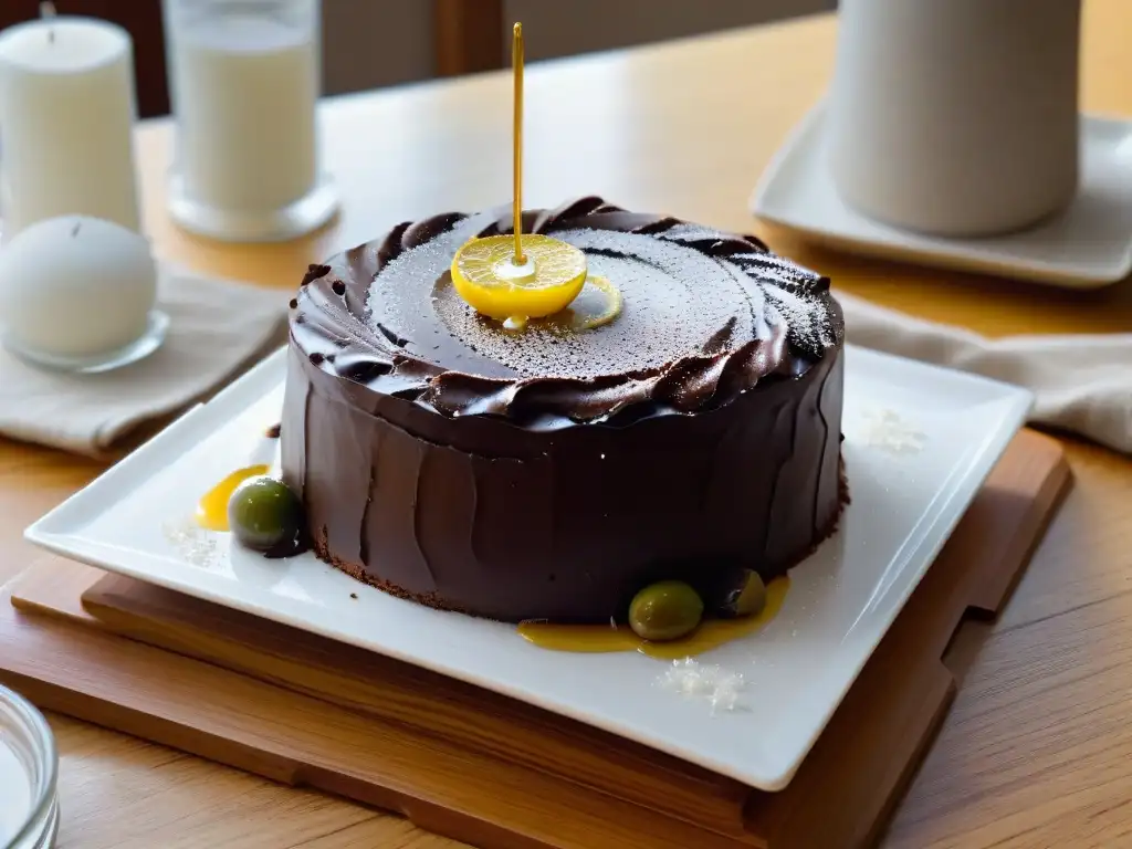 Un tentador y lujoso pastel de chocolate y aceite de oliva con sal marina, en un elegante plato blanco