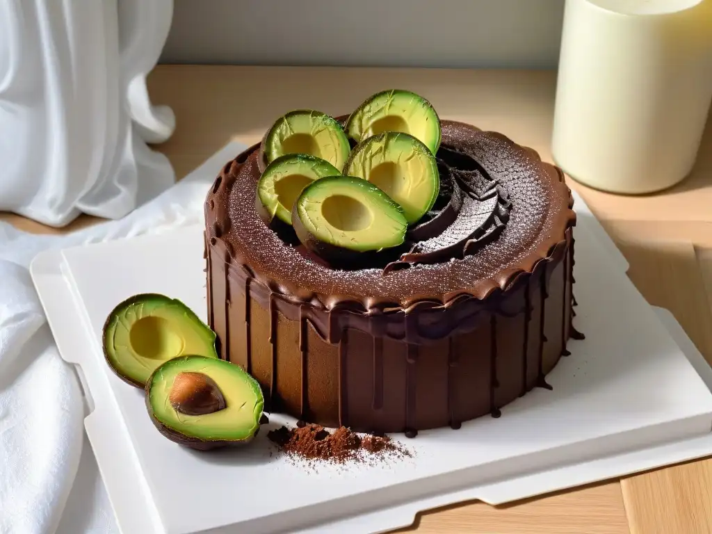 Delicioso pastel de chocolate y aguacate: indulgencia gourmet Un tentador pastel de aguacate y chocolate, decorado con aguacate y cacao, resaltando el aceite de aguacate en repostería