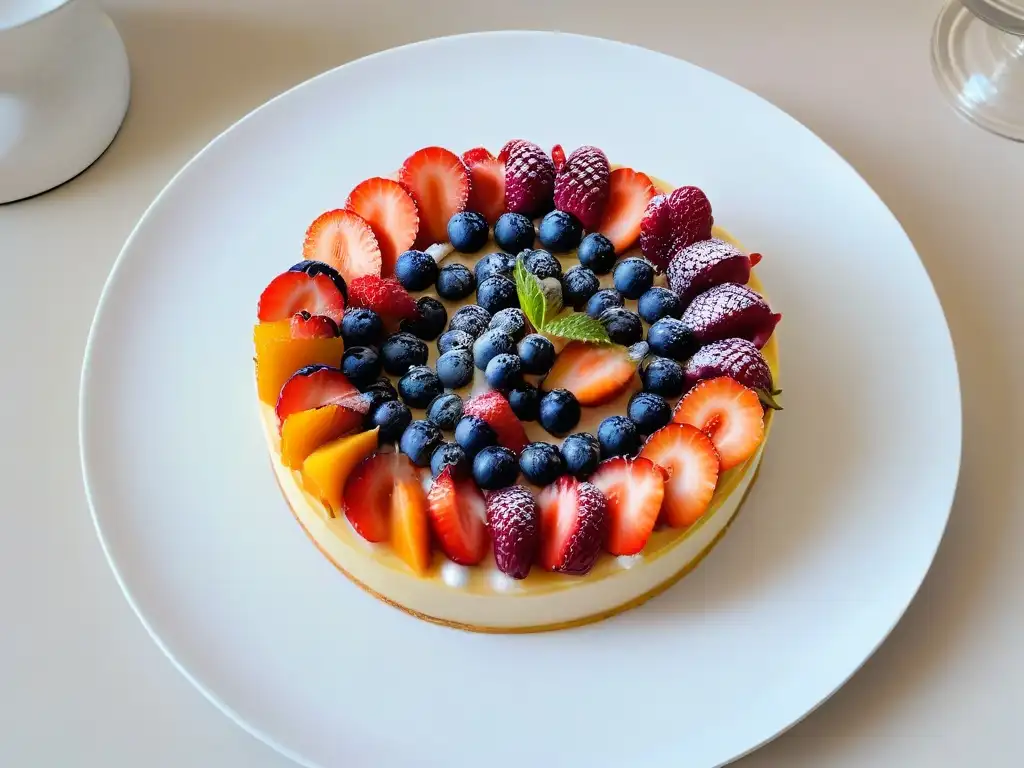 Un tentador pastel de borojó con frutas frescas y hojas verdes