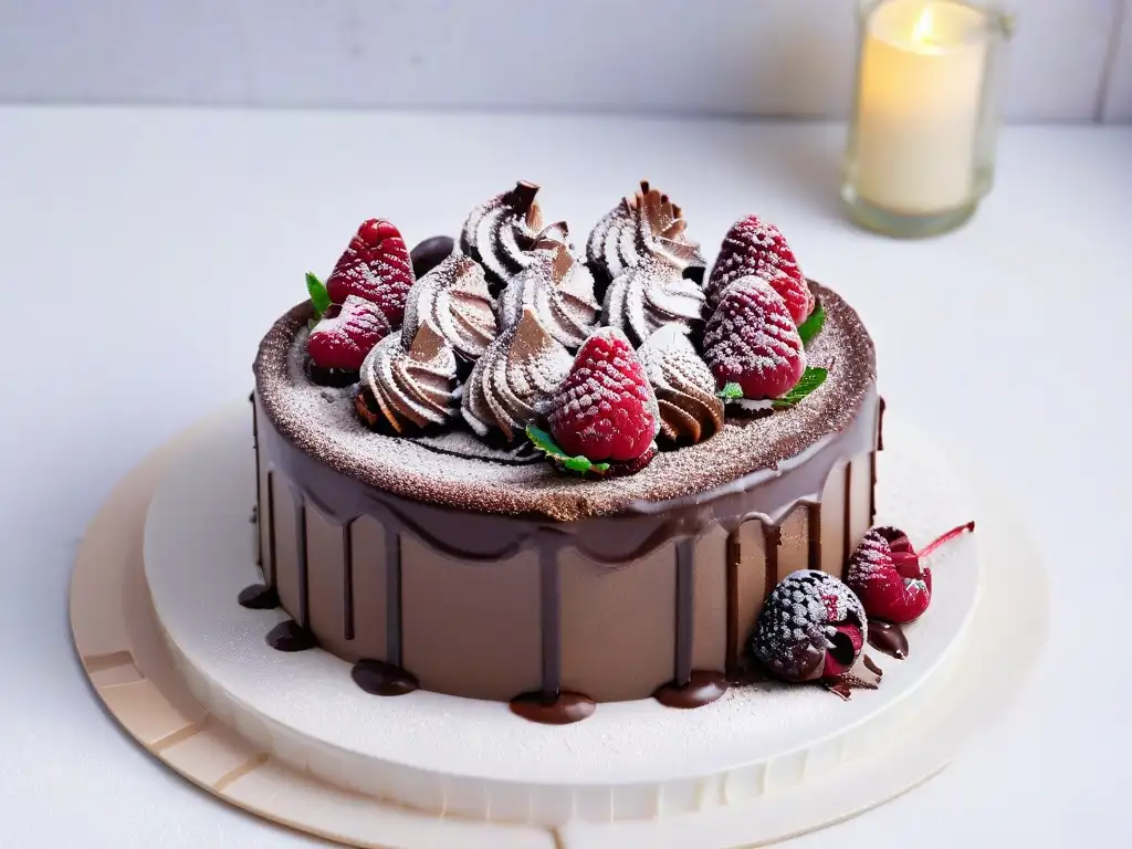 Delicioso pastel de chocolate belga con frambuesas frescas Un tentador pastel de chocolate belga y suizo rodeado de frambuesas frescas y polvo de cacao, invita a una exquisita comparación