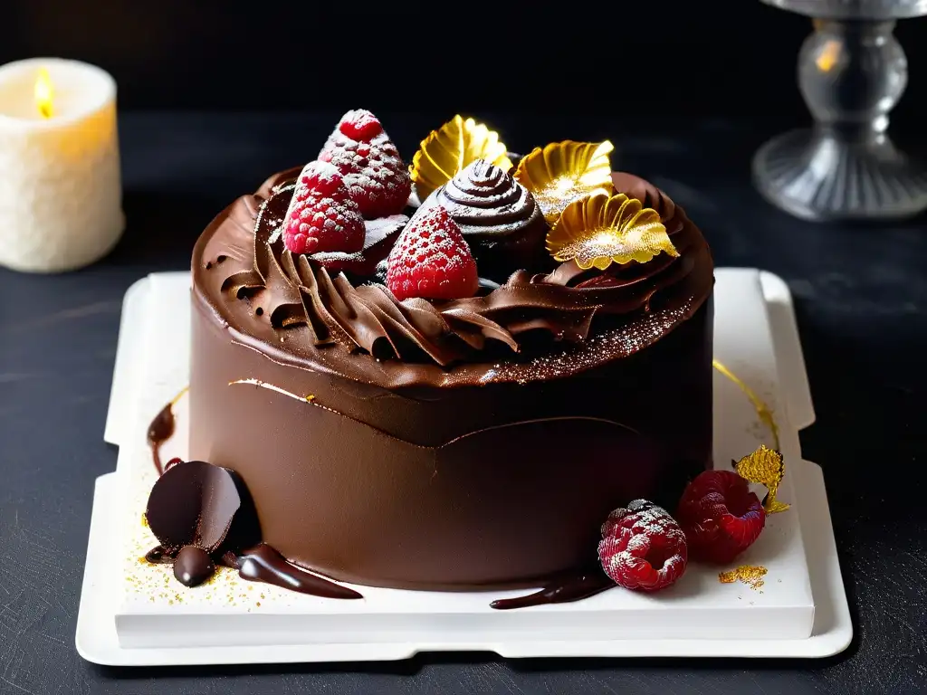 Un tentador pastel de chocolate con hojas de oro, frambuesas y rizos de chocolate, representando la opulencia de la repostería durante la ley seca