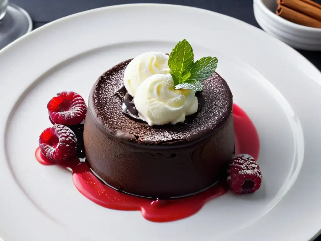 Un tentador pastel de lava de chocolate con helado de vainilla, coulis de frambuesa y menta fresca