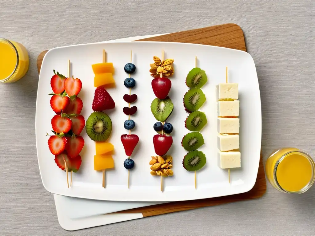 Un tentador surtido de meriendas escolares saludables: brochetas de frutas, mini sándwiches integrales y yogur con granola y bayas