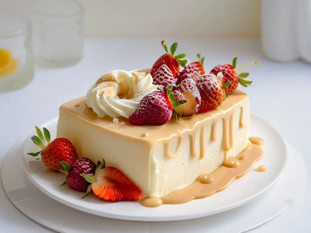 Delicioso tres leches con fresas: detalle ultra húmedo y elegante Un tentador trozo de pastel tres leches perfecto con fresas y tres leches, en plato de porcelana blanco