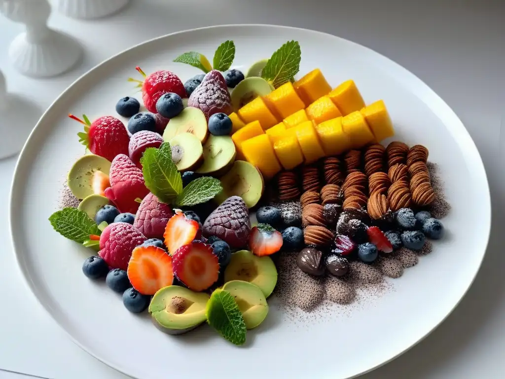 Una tentadora presentación de postres saludables para bienestar, con frutas, chía y mousse de aguacate en un plato blanco elegante