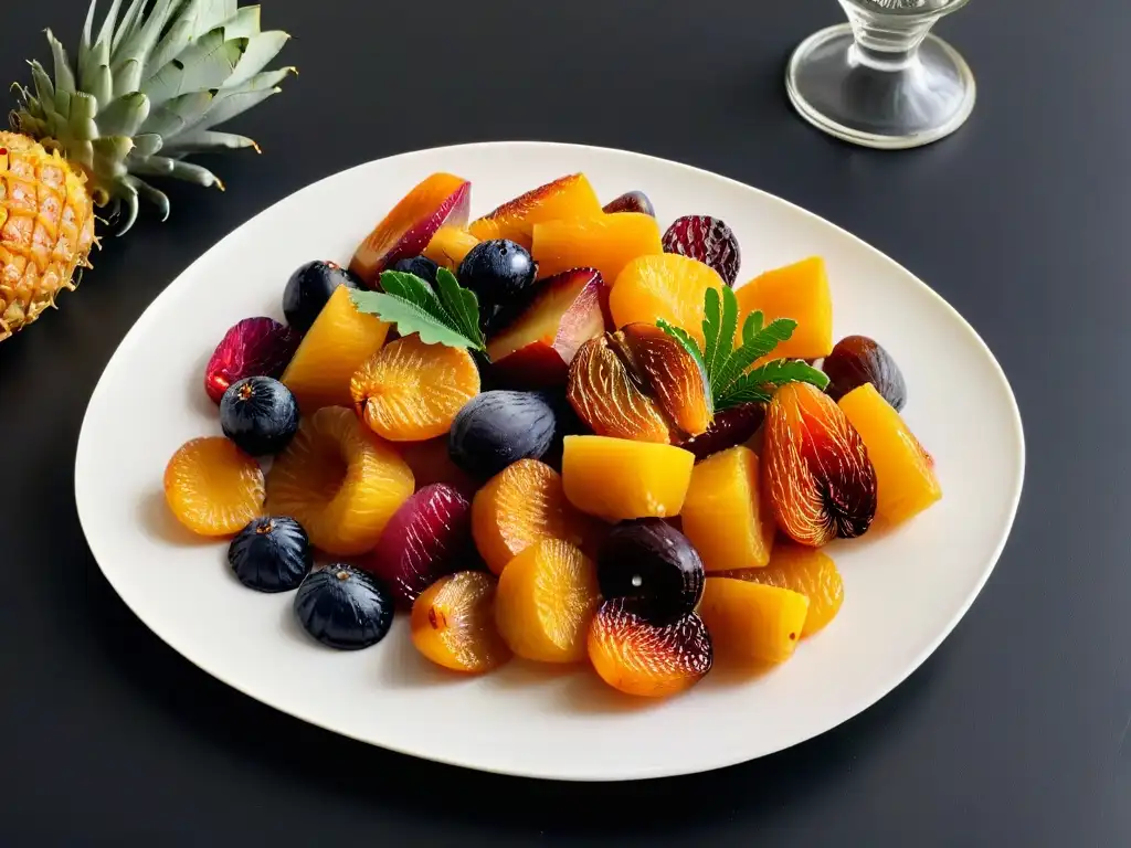 Una tentadora selección de frutas deshidratadas en un plato blanco, listas para inspirar recetas de postres con fruta deshidratada