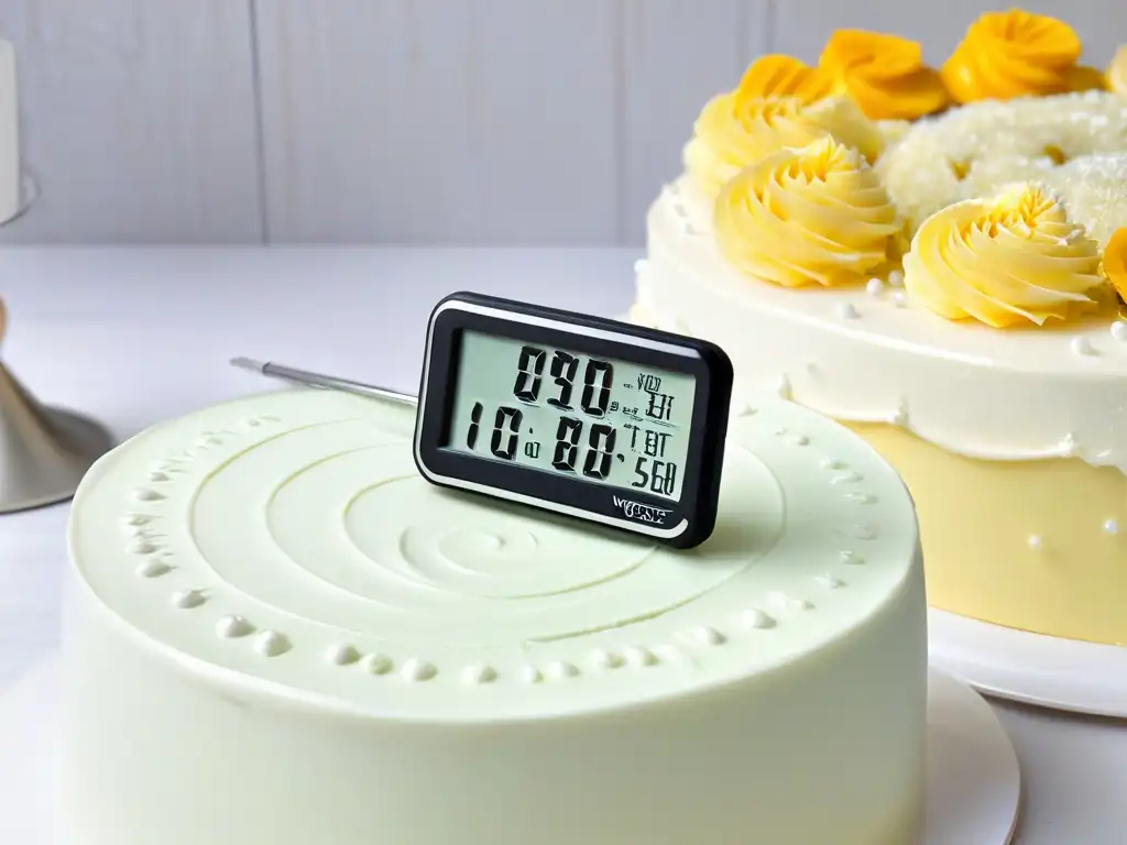 Termómetro de cocina para repostería mostrando 350°F en un cake decorado con detalle