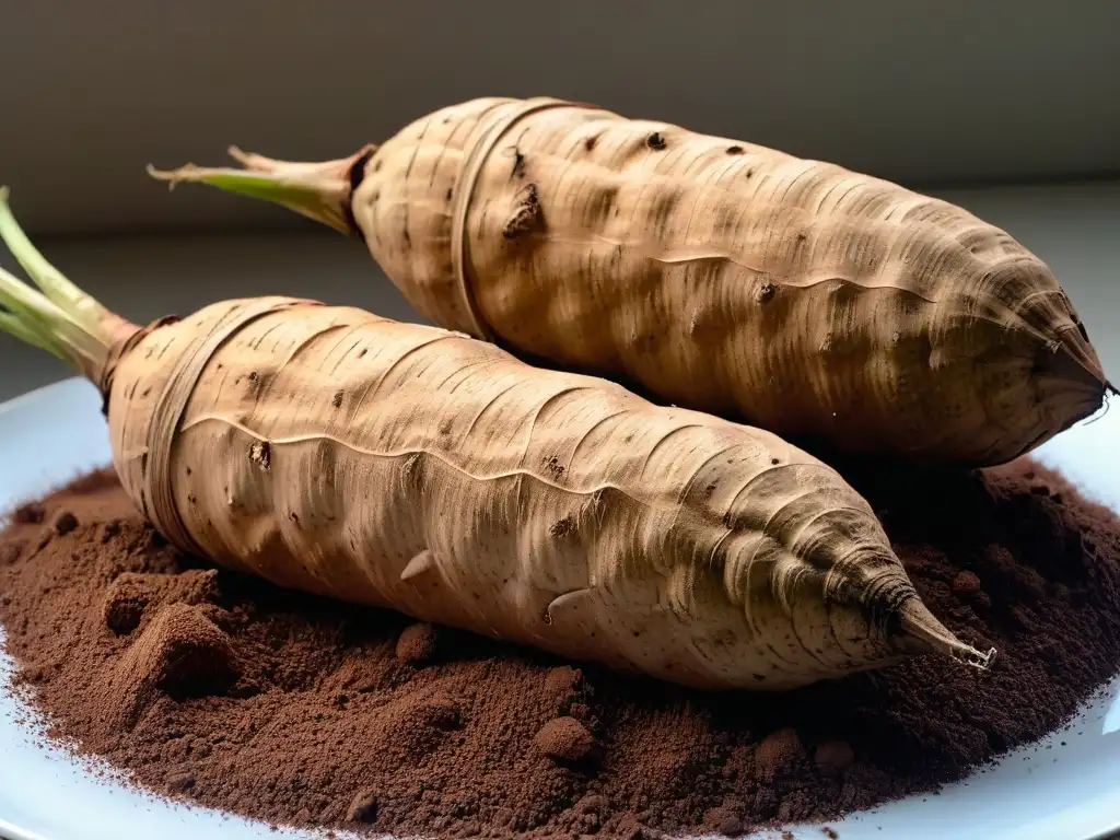 La textura de una yuca recién cosechada, con tierra en su piel, iluminada suavemente